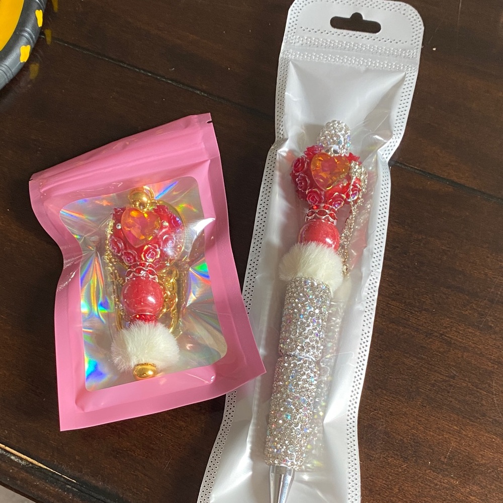 Sparkling Red and Silver Keychain and Pen Set